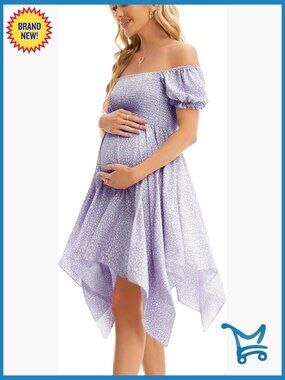 Maternity Summer Dress Puff Sleeve Floral Square Neck Irregular Hem